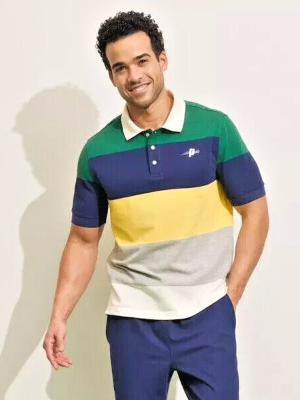 Prince Mens Pickleball Polo Shirt Green Blue Yellow Gray White Stripes Size M